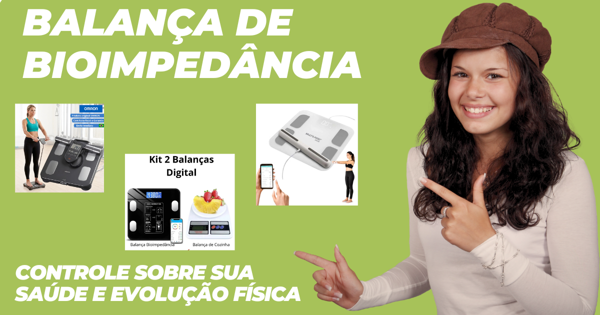 capa para post do blog uma moça apresentando o titulo balança de bioimpedancia