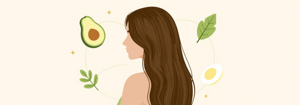 mulher com os alimentos que ajudam a evitar a queda de cabelo
